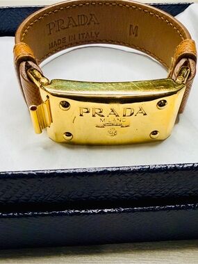 Prada Saffiano Tan Leather and Gold Hardware Bracelet